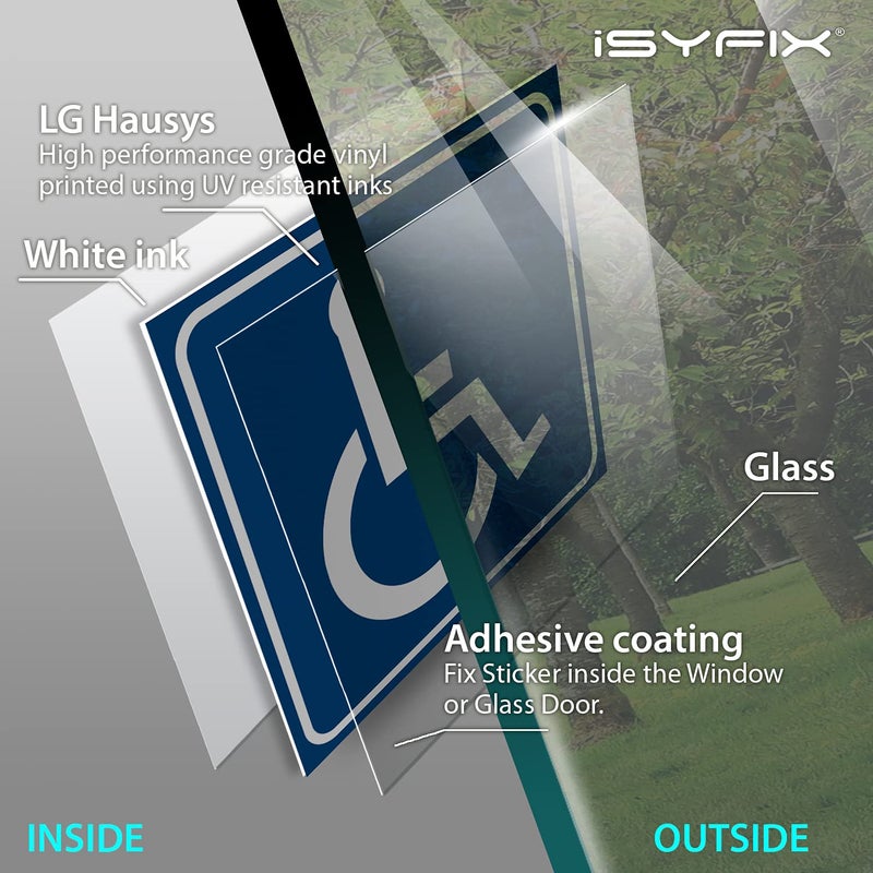 iSYFIX ملصقات علامات الإعاقة iSYFIX - عبوة 4، 3x3 بوصة - فينيل لاصق أمامي ممتاز للتطبيق داخل النافذة أو الباب الزجاجي، علامة كرسي متحرك، ملصق إعاقة - Image 3